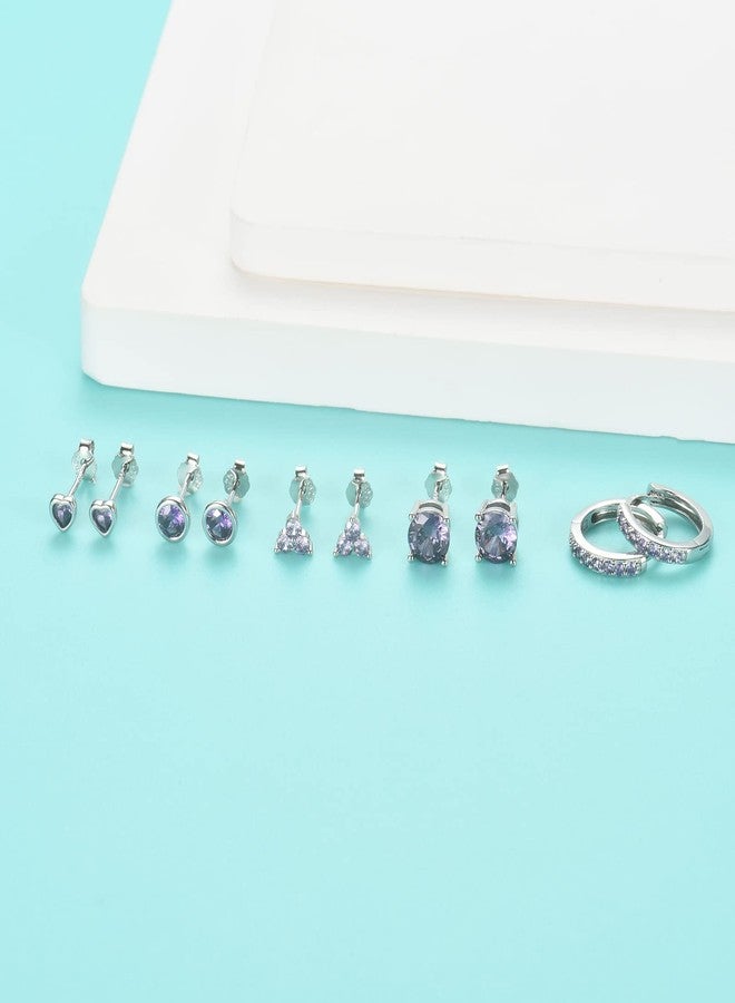 EPIRORA 925 Sterling Silver Stud Earrings Set for Women Men, Hypoallergenic Amethyst Cubic Zirconia Stud Cartilage Helix Earrings, 5 Pairs Silver Hoop Earring Studs Sets for Multiple Piercing - Image 4